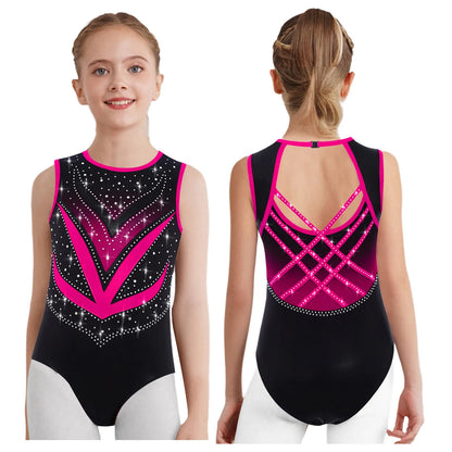 Kids Girls Mesh Rhinestones Design Gymnastics Leotard/Dancewear childrensterritory