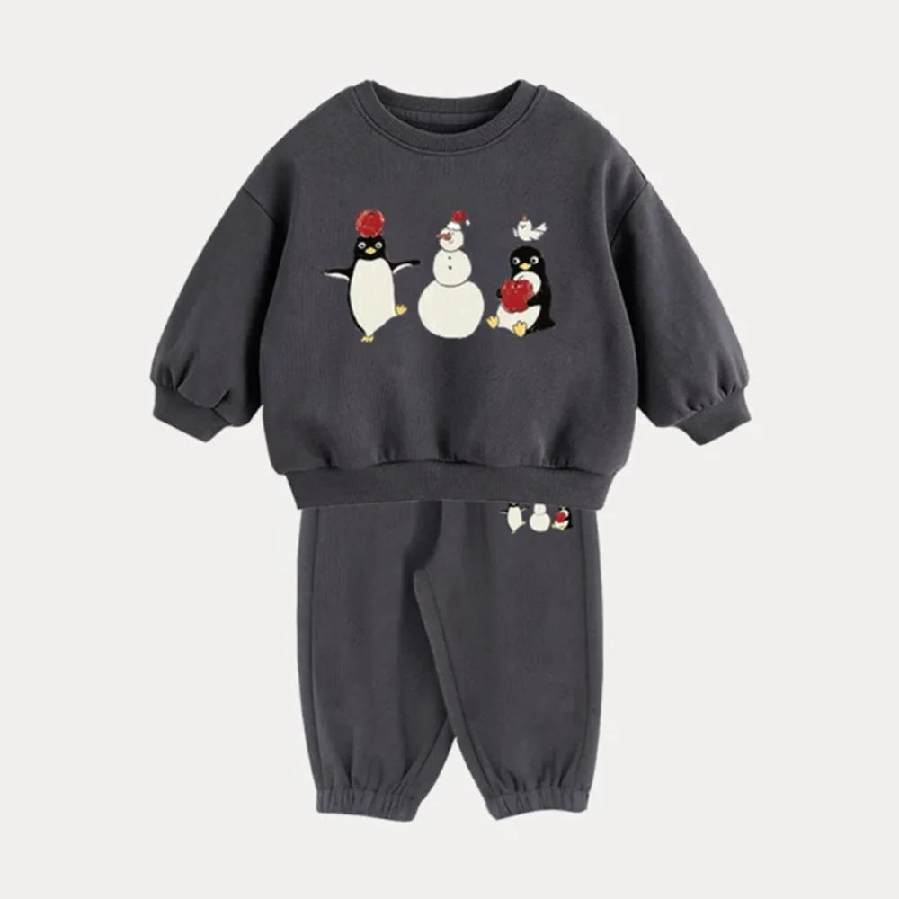 Kids Cartoon Print Long Sleeves Warm Clothing Set