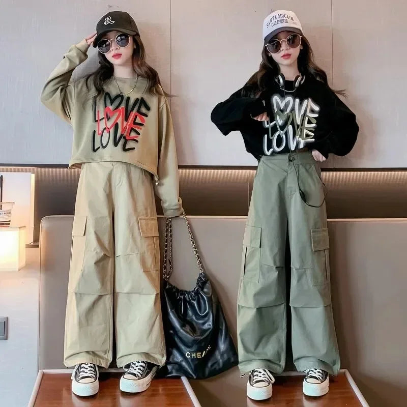Girls Letter Print Loose T-Shirt + Wide Leg Cargo Pants Set childrensterritory