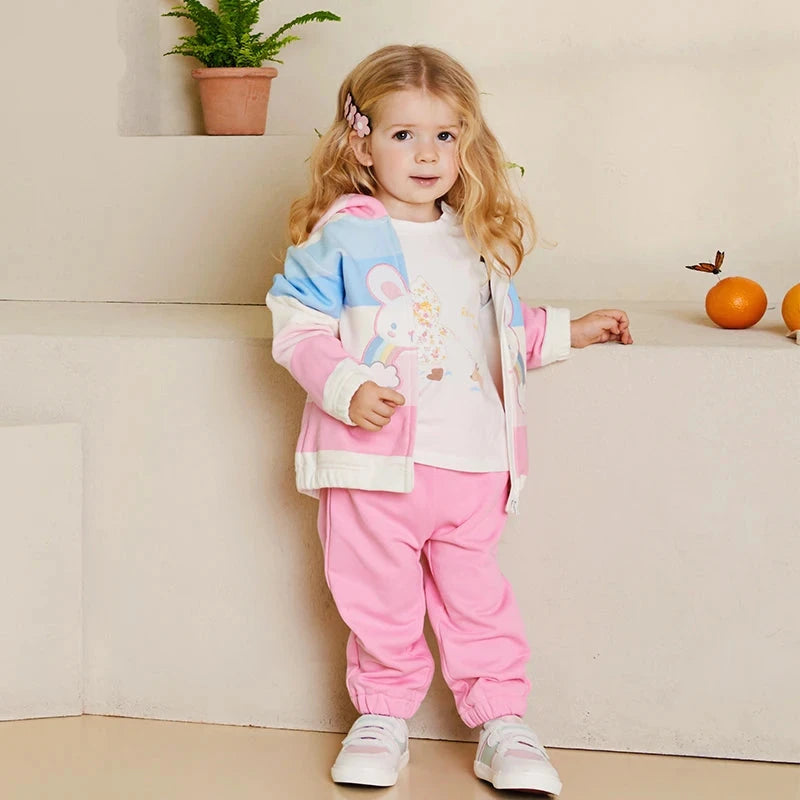 Girls Cartoon Printed Striped Hooded 2pcs Tracksuit childrensterritory