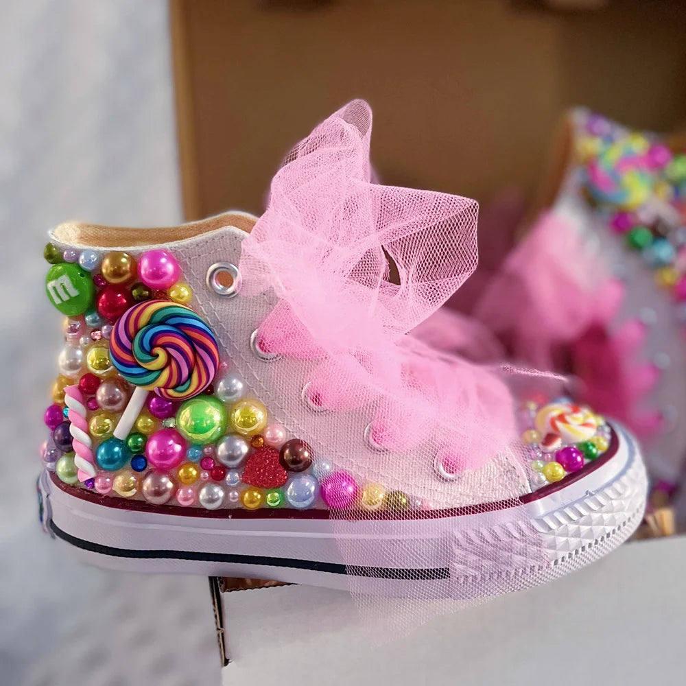 Kids Girls Pink Sparkle Gold Rhinestones Canvas Sneakers