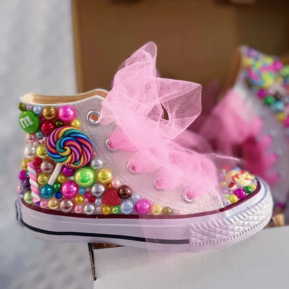 Kids Girls Pink Sparkle Gold Rhinestones Canvas Sneakers