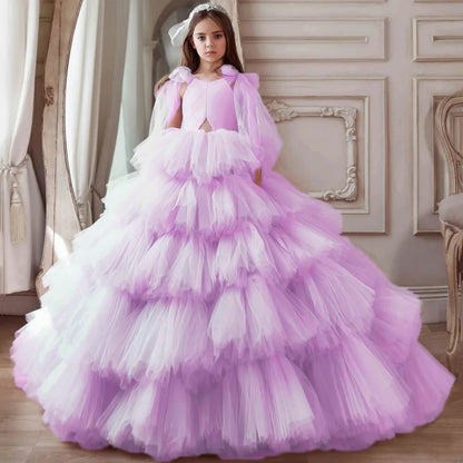 Kids Girls Tiered Tulle Bow Shoulder Design Dresses For Birthday/Prom childrensterritory