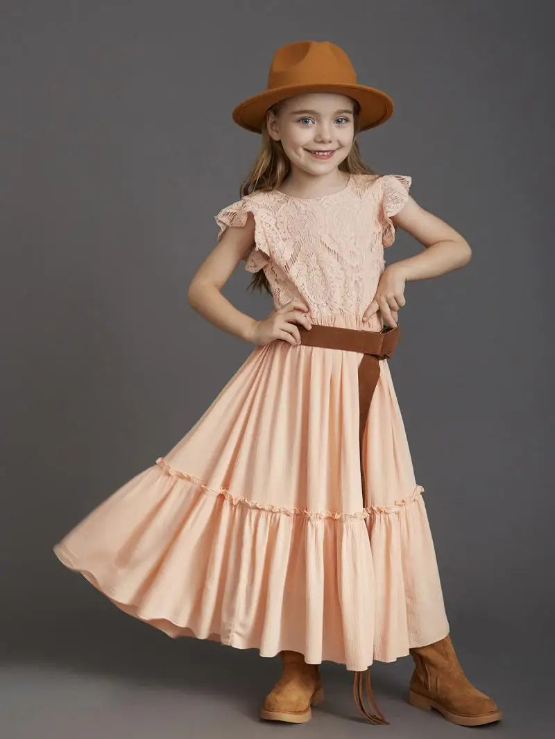 Kids Girls Stylish Lace Design Cotton Bohemia Long Dresses childrensterritory