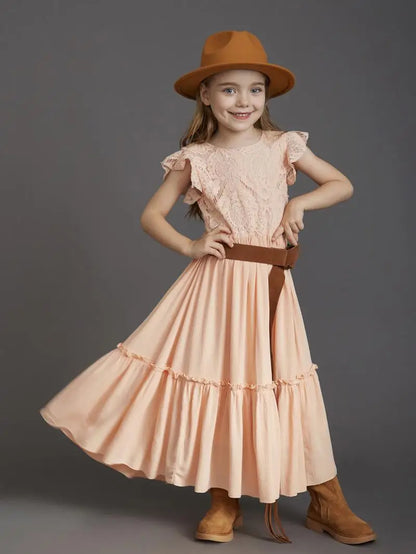 Kids Girls Stylish Lace Design Cotton Bohemia Long Dresses childrensterritory