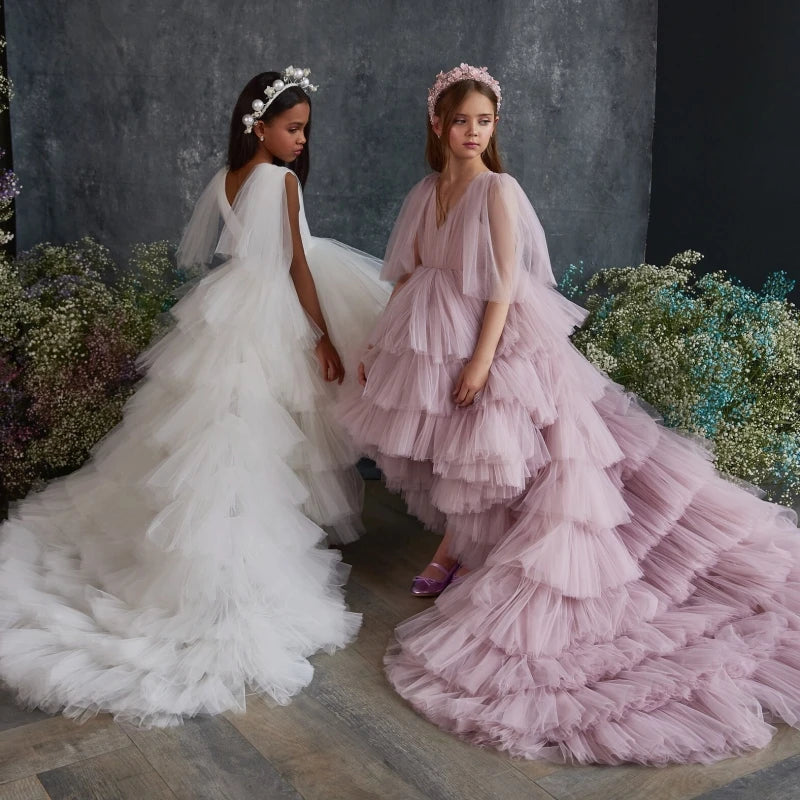 Little Girls Puffy Wedding Party Pageant Gown with Long Tail