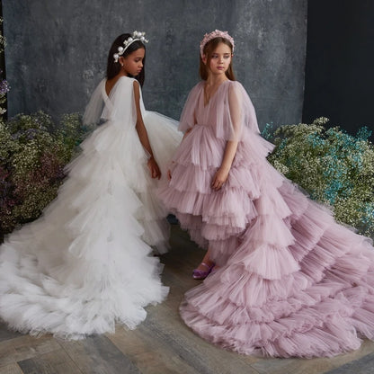 Little Girls Puffy Wedding Party Pageant Gown with Long Tail