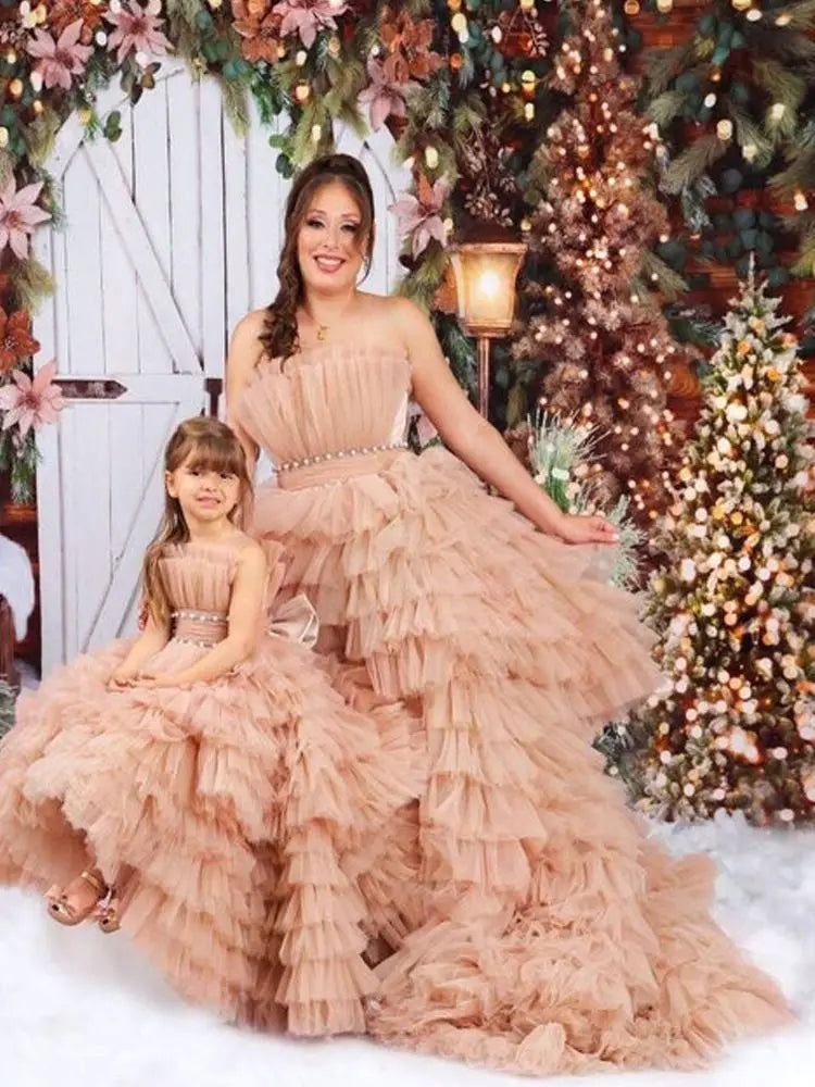 Mother-Daughter Ruffle Tulle Matching Party Dresses