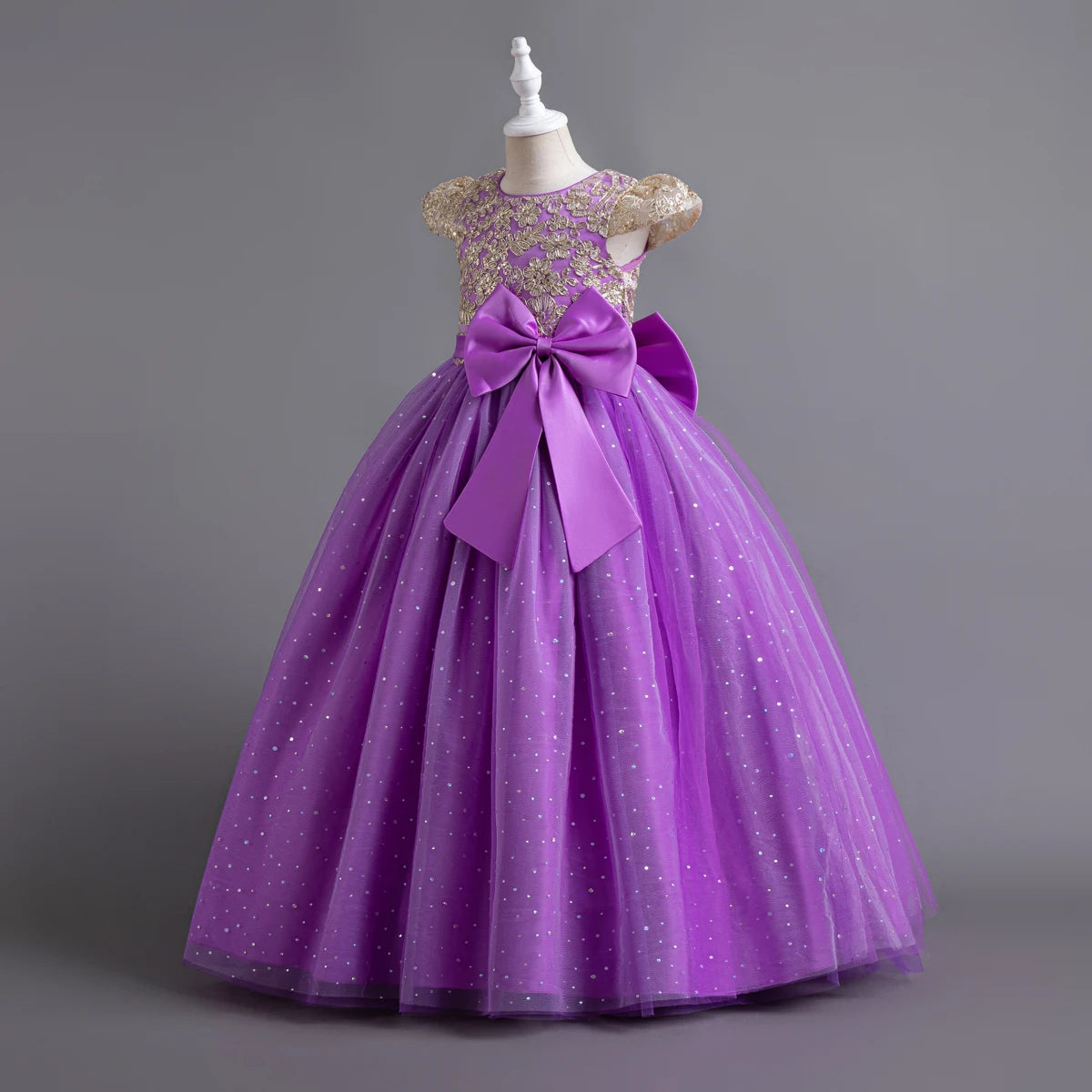 Girls' Embroidery Bow Lace Design Long Party Dresses