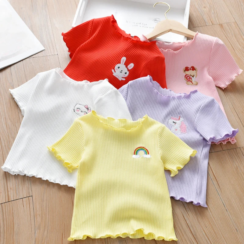 Kids Girls Ruffle Sleeves Cartoon Printed Tops
