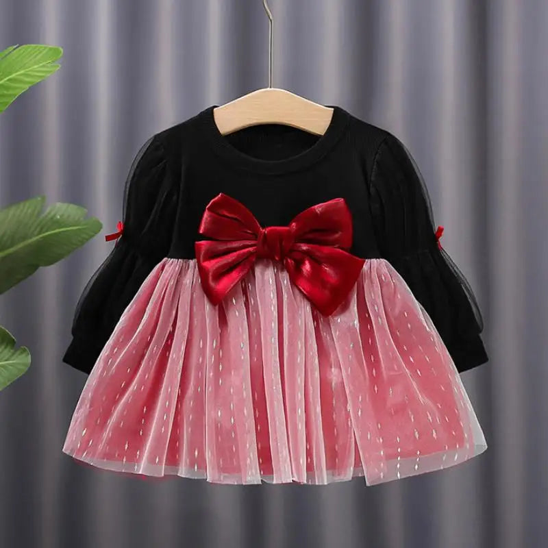 Girls' Long-Sleeved Bow Design Birthday Party Dresses childrensterritory