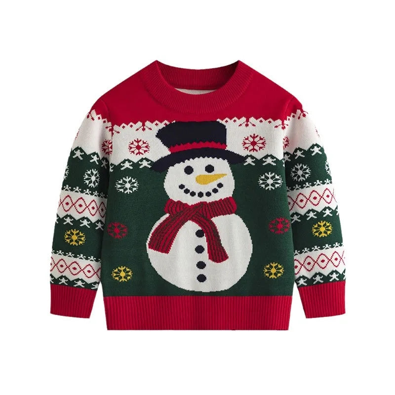 Kids Cartoon Christmas Snowman Round Neck Warm Sweater childrensterritory