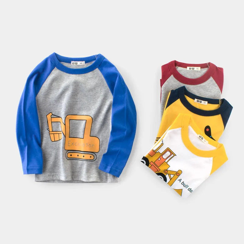 Cartoon Excavator Print Kids Boys Cotton T-shirts