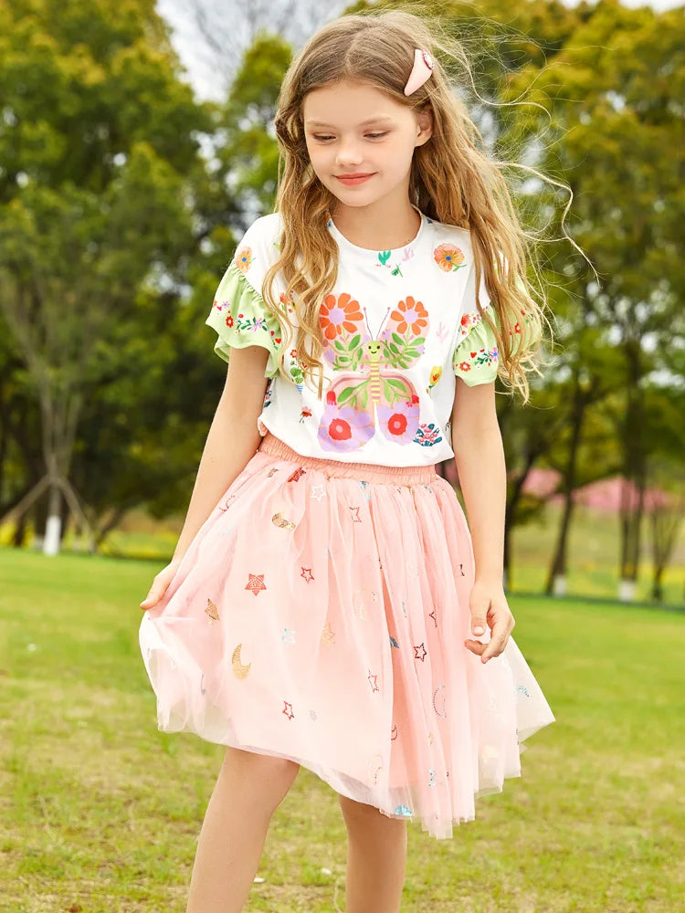 Cartoon Print Kids Girls T-shirt and Layered Skirt Set childrensterritory