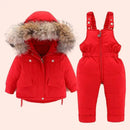 2pcs Toddler Girl Fur Hooded Down Jacket and Jumpsuit Set