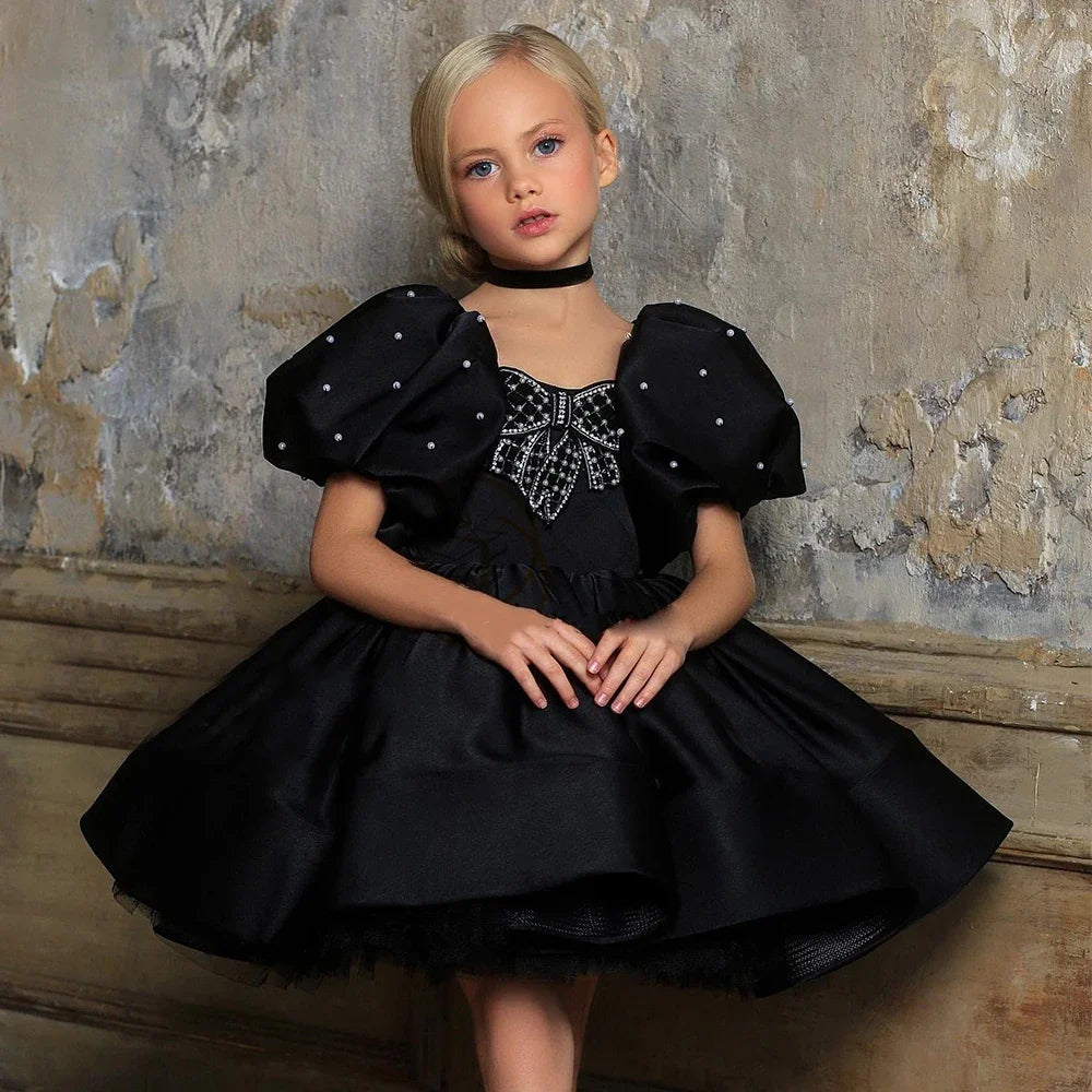 Pearls Designed Boat Neck Little Girls Party Dress