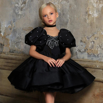 Pearls Designed Boat Neck Little Girls Party Dress