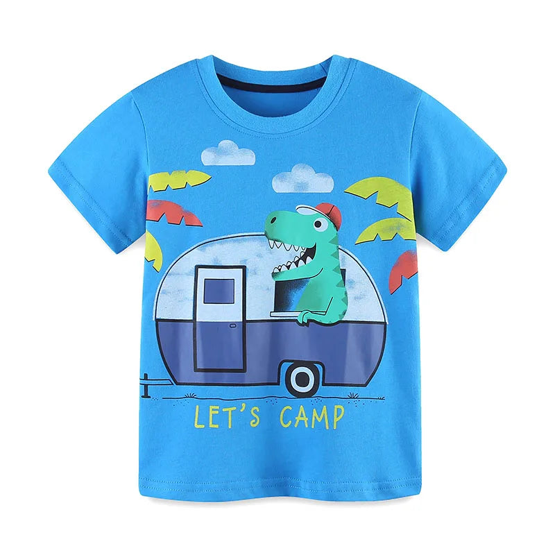 Kids Boys Cartoon Camp Dinosaur Print Cotton T Shirts childrensterritory