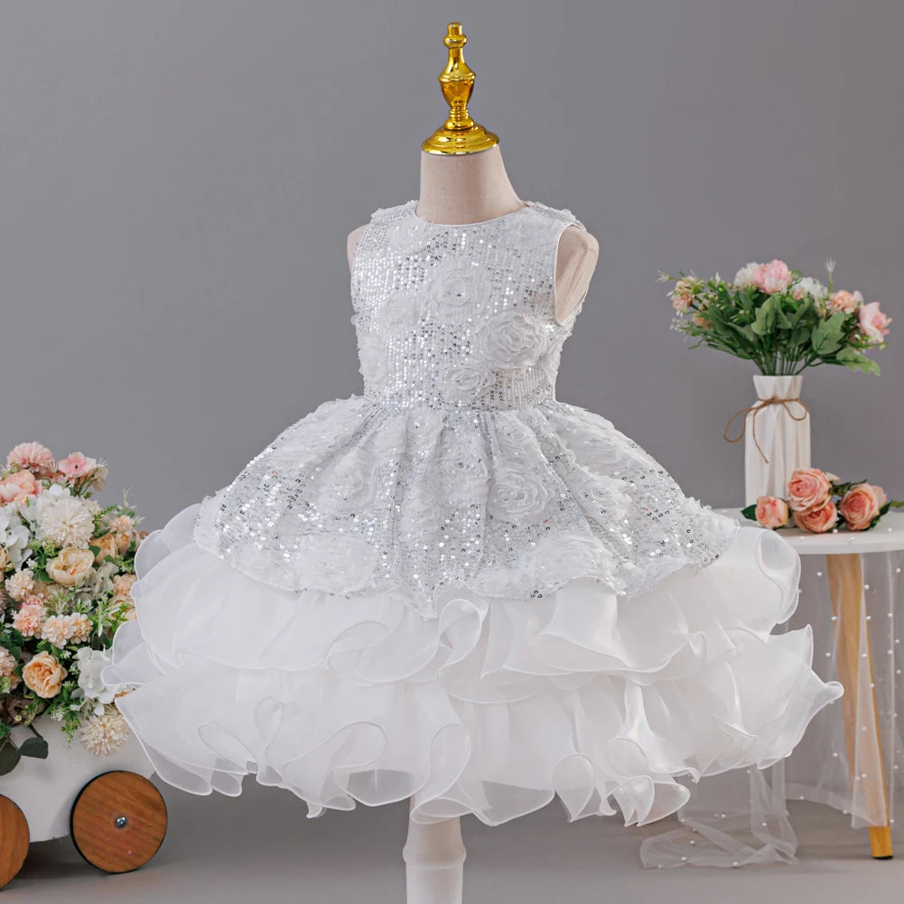 Sleeveless Fluffy Floral Birthday Party Dresses For Girls