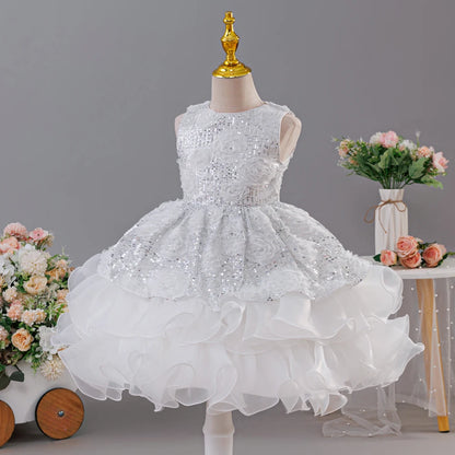 Sleeveless Fluffy Floral Birthday Party Dresses For Girls