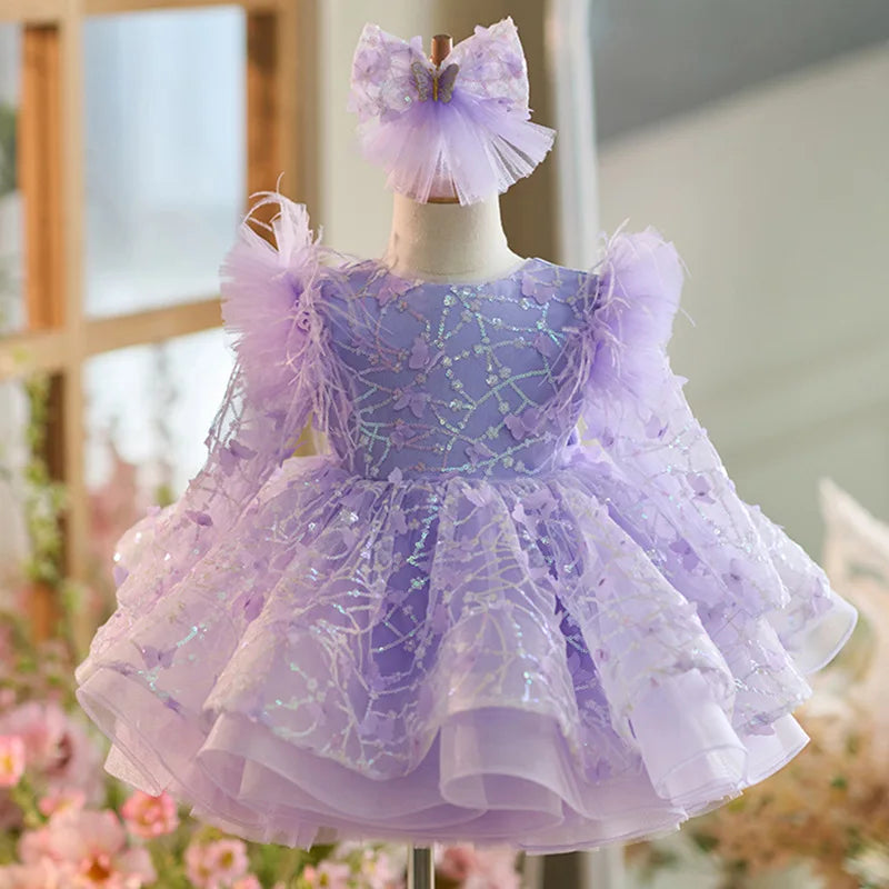 Girls Long Sleeves Butterfly Design Fluffy Party Dresses childrensterritory