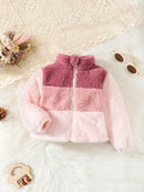 Young Girls' Color Blocking Design Plush Zippered Coat for Winter childrensterritory