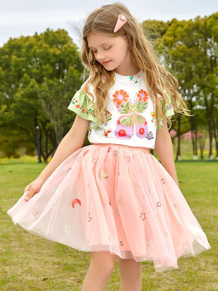 Cartoon Print Kids Girls T-shirt and Layered Skirt Set childrensterritory