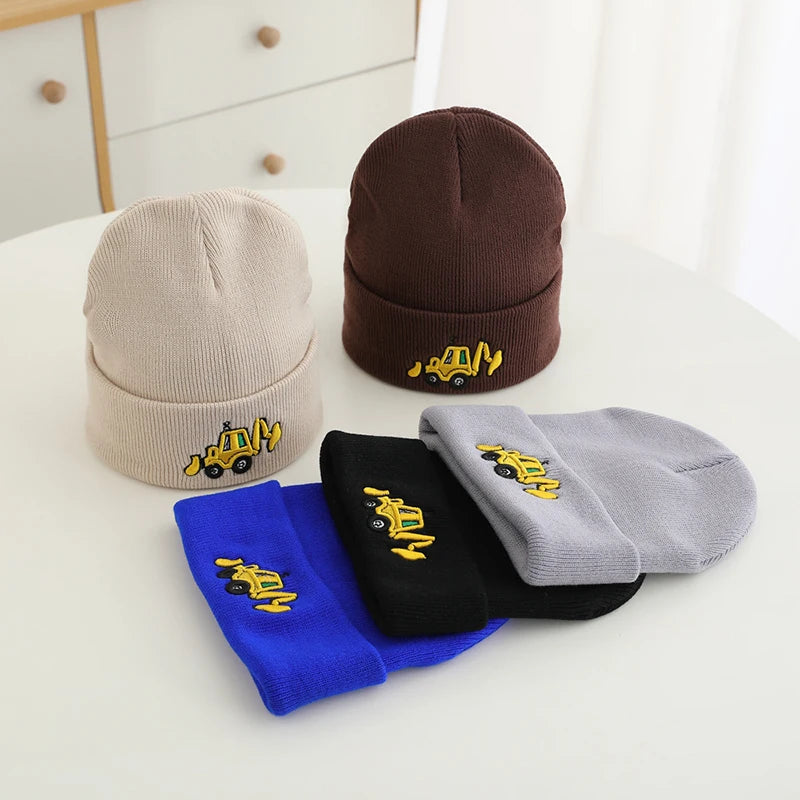 Casual Knitted Cartoon Excavator Embroidered Kids Caps childrensterritory