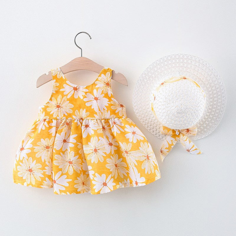 2pcs Daisy Print Baby Girl Beach Dress with Sun Hat childrensterritory