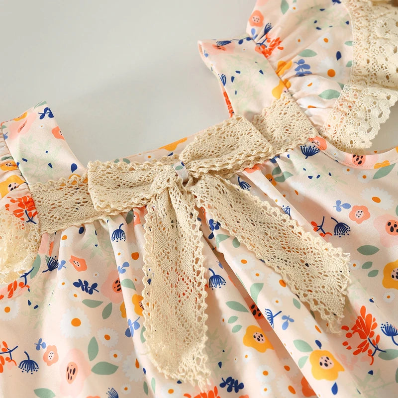 Kids Girls Floral Print Lace Patchwork Summer Princess Dress
