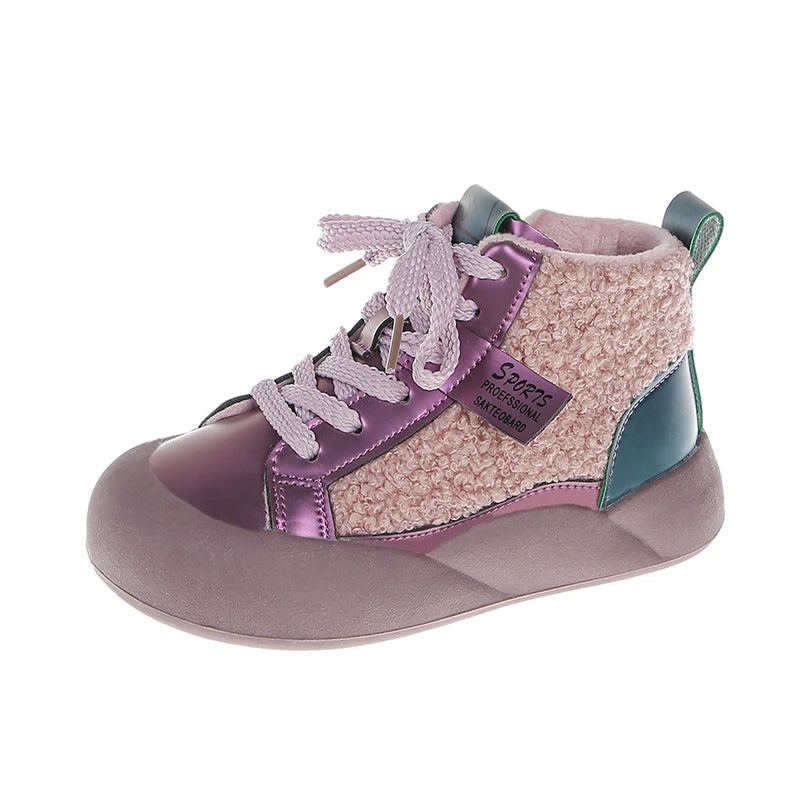 Kids Purple Black High Top Warm Furry Shoes childrensterritory