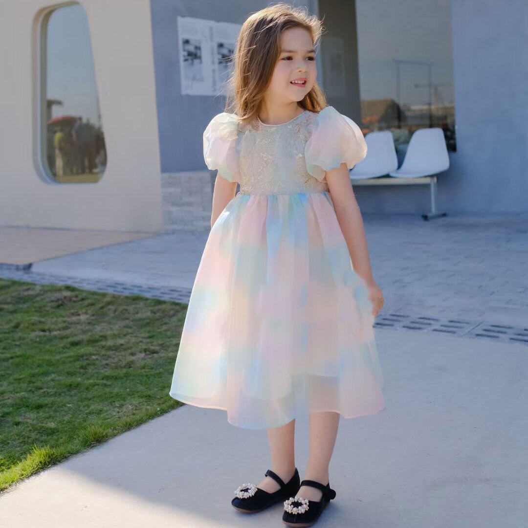 Colorful Patchwork Kids Girls Princess Party Dress childrensterritory