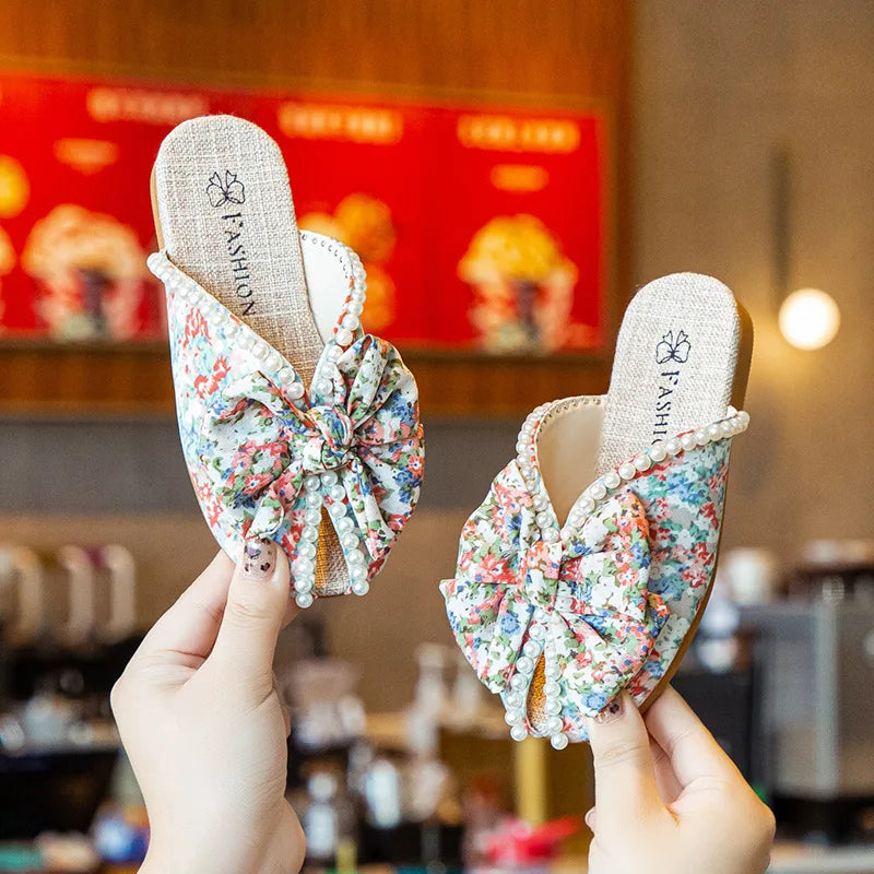 Soft Floral Print Pearls Decor Kids Girls Bow-knot Slippers