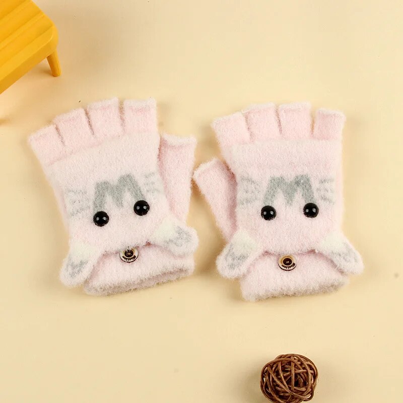 Kids Cartoon Design Furry Coral Fleece Short Gloves Mittens childrensterritory