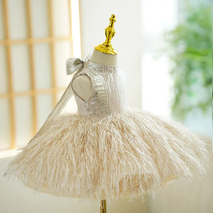Kids Girls Puffy Feather Design Party Performance Dress childrensterritory