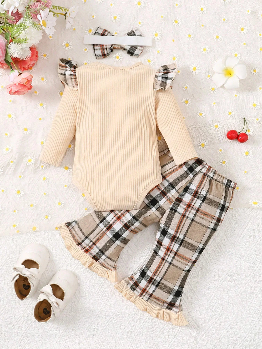 Baby Girl Ruffle Trim Bodysuit &amp; Plaid Pants &amp; Headband Set