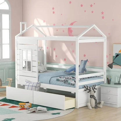 Twin Size Wood Storage Bunk Bed with Window and Roof