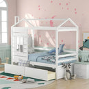 Twin Size Wood Storage Bunk Bed with Window and Roof