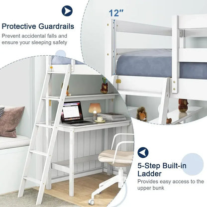 Stylish Kids Twin Loft Bed with Shelves, Desk, and Ladder