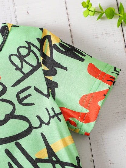 Baby Boys Cartoon Letter Graffiti Top Hollow Shorts Outfit Set childrensterritory