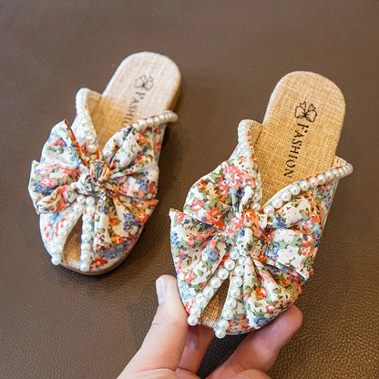Soft Floral Print Pearls Decor Kids Girls Bow-knot Slippers