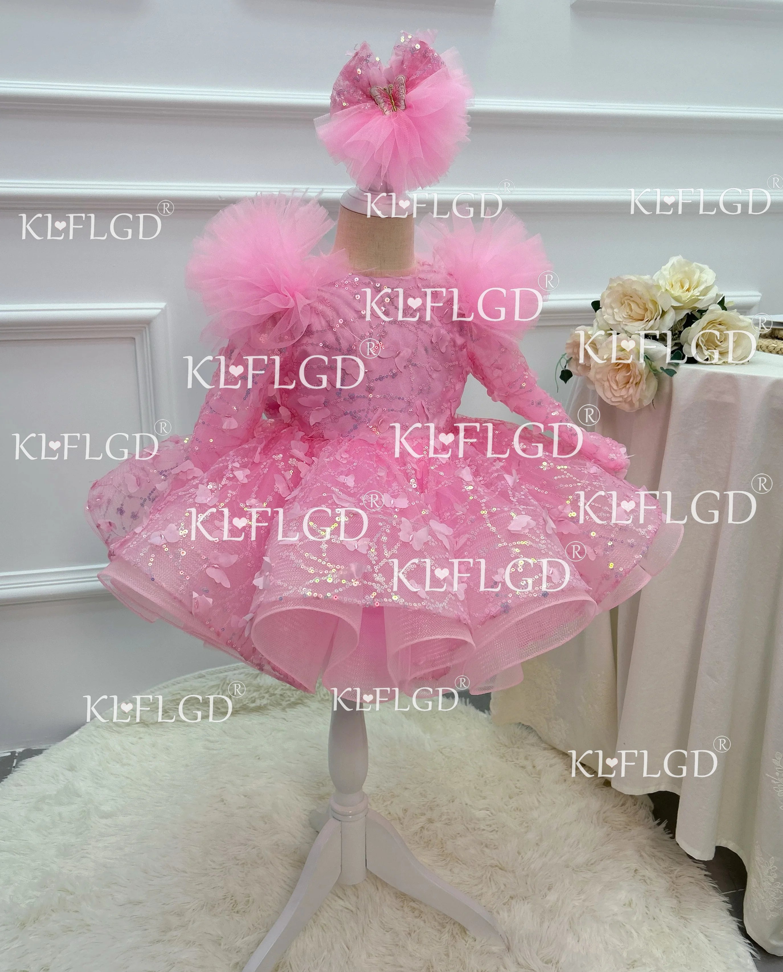 Girls Long Sleeves Butterfly Design Fluffy Party Dresses