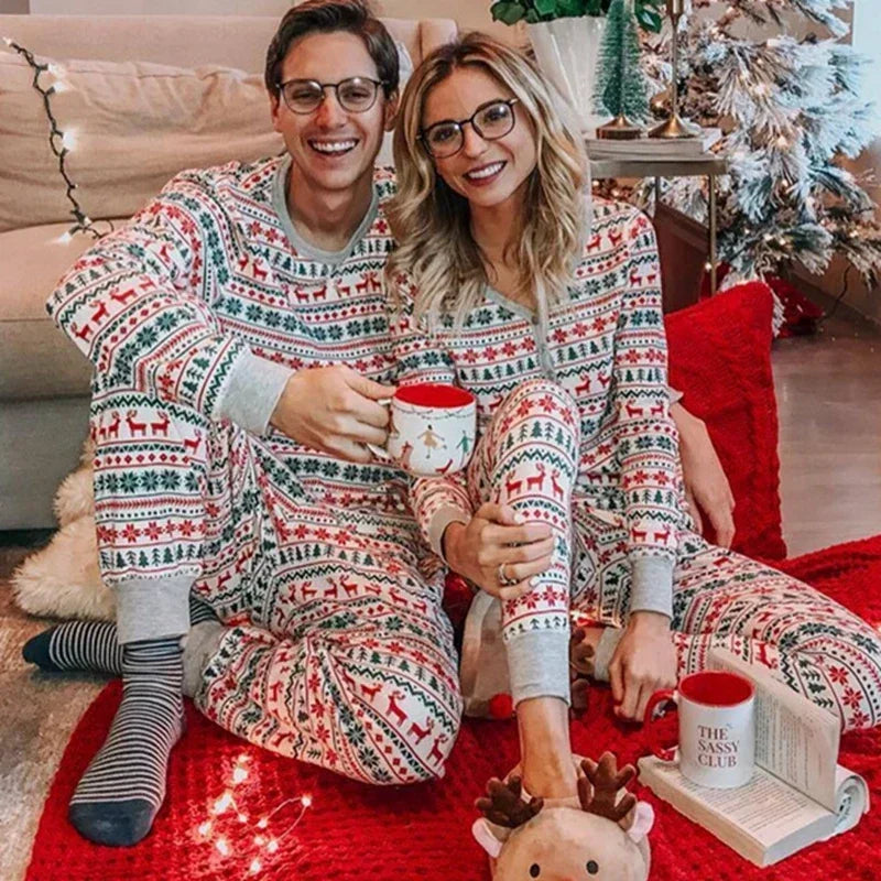 Cartoon Deer and Tree Print Family Matching Christmas Pajamas Sets