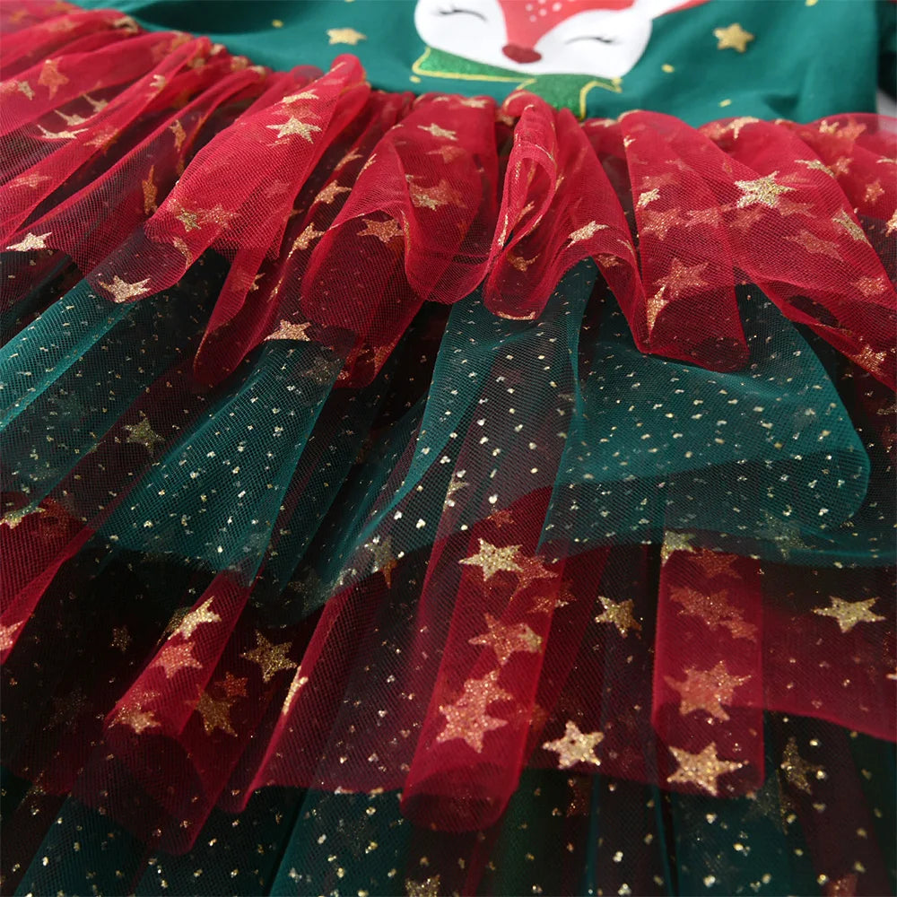 Kids Girls Reindeer Print Christmas Party Dress childrensterritory
