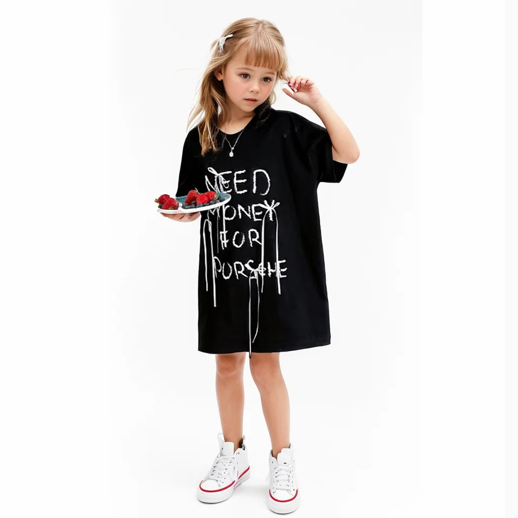 Letter Print Kids Girls Casual Summer Knee Length Dress