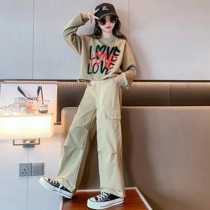 Girls Letter Print Loose T-Shirt + Wide Leg Cargo Pants Set childrensterritory