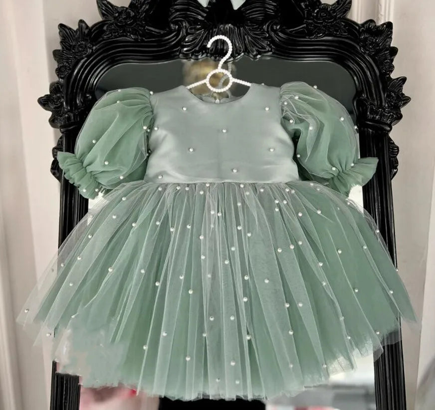 Elegant Puffy Bow-Decorated Little Girls Christening Dress childrensterritory