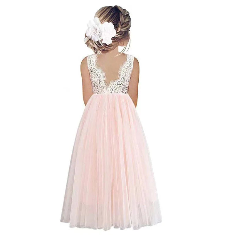 Kids Girls Flower Lace Design Princess Party Dresses for Summer childrensterritory