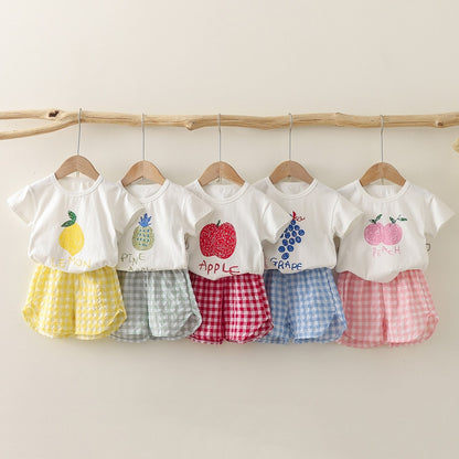 Baby Girl Fruit Print Top with Plaid Shorts Clothing Set childrensterritory