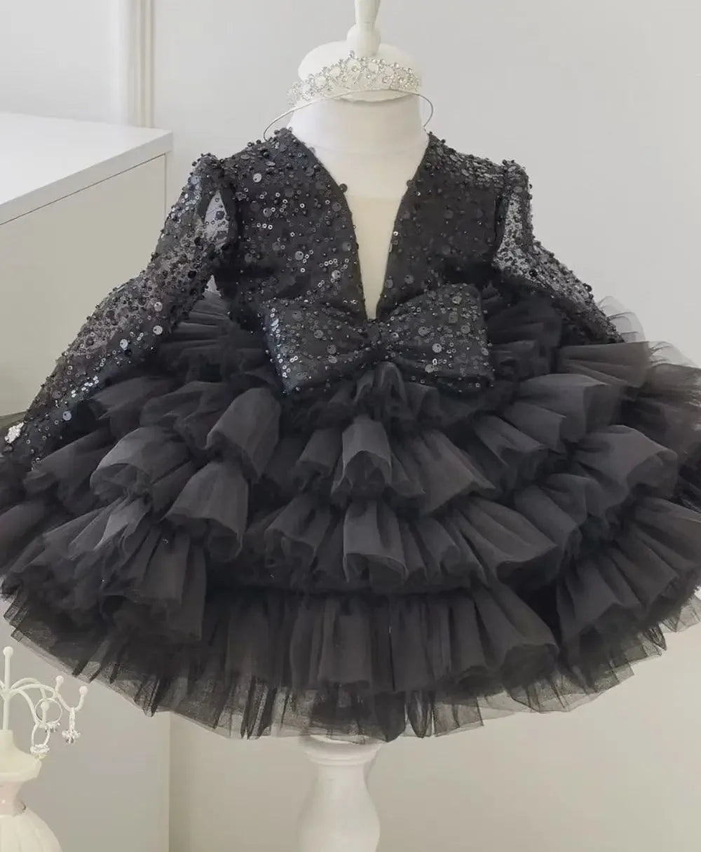 Sequined Tiered Tulle Wedding Dress with Bow for Kids Girls
